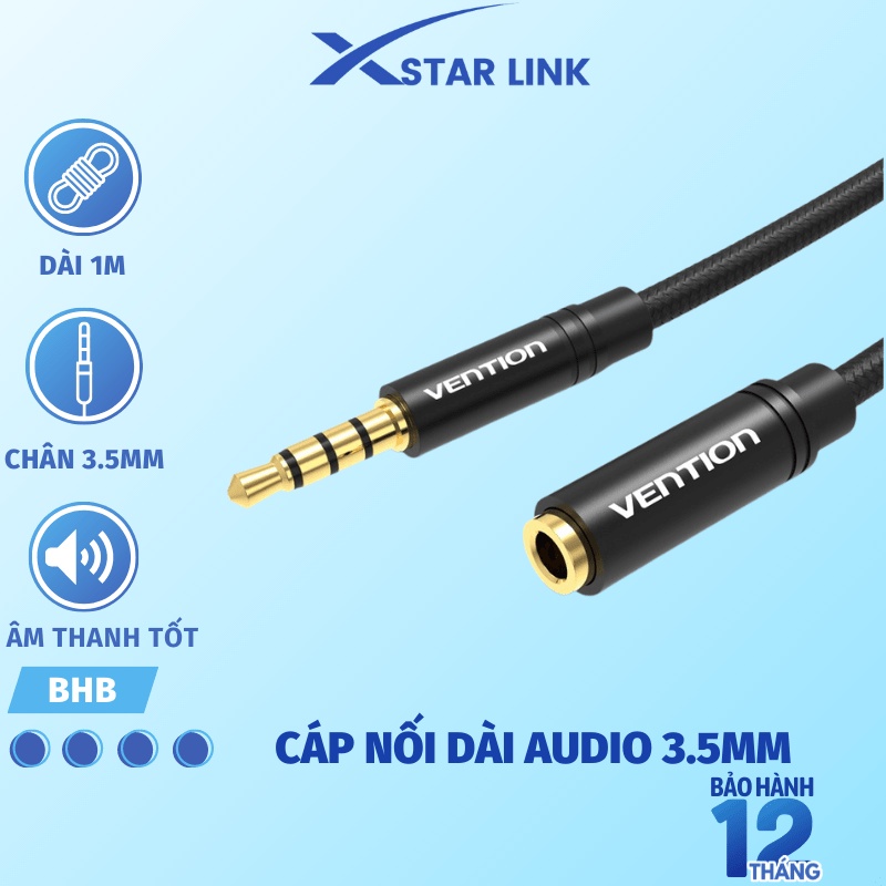 Dây cáp nối dài audio chân Jack 3.5mm 1m - Dây audio kết nối âm thanh từ dương sang âm, tai nghe, loa, mic Vention BHB