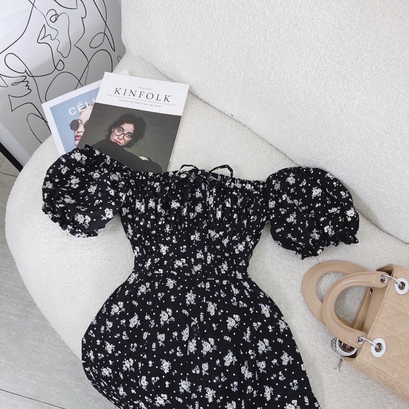 🦋Đầm MiDi Đen Hoa Cổ Vuông Xẻ Đùi🦋