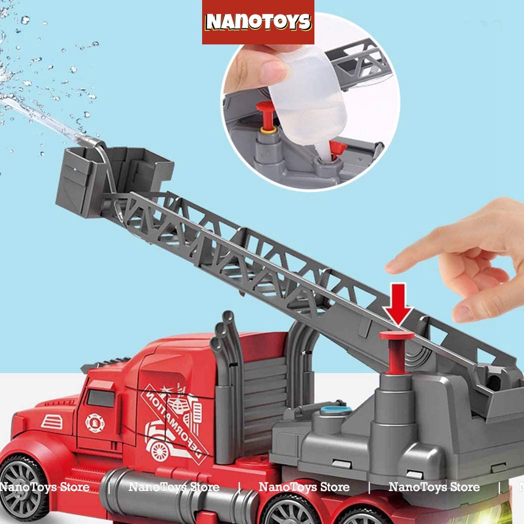Đồ chơi xe cứu hoả phun nước biến hình Robot - có còi hụ, đèn, tránh chướng ngại vật - tặng kèm pin - NANOTOYS STORE