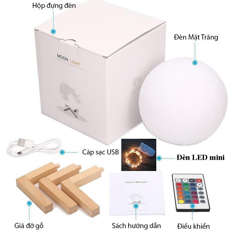 ✅[ Chính Hãng ] Đèn Ngủ 3D Cảm Ứng 16 Màu RGB, Có Điều Khiển Từ Xa, Tặng Kèm Đế Gỗ Và Đèn Led Mini, Đèn Ngủ Mặt Trăng