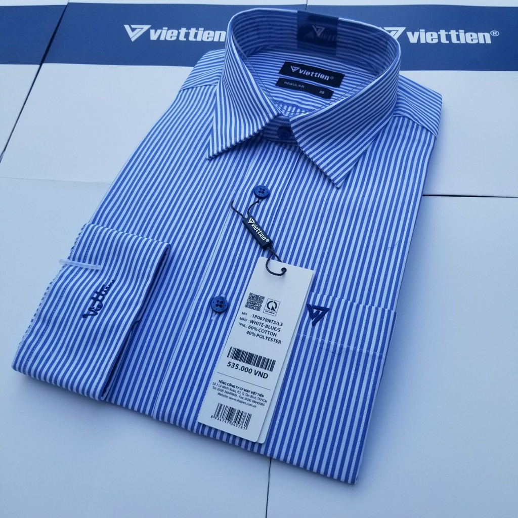 Aó sơ mi nam Việt Tiến dài tay mã  1P0678NT5 chính hãng ,cao cấp - form suông REGULAR - tà bầu ,kẻ sọc xanh.SHOP HỨA