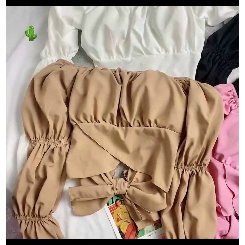 Áo kiểu cổ vuông tay bồng nhúm cột nơ sau lưng cực hot , chất kate mềm mịn