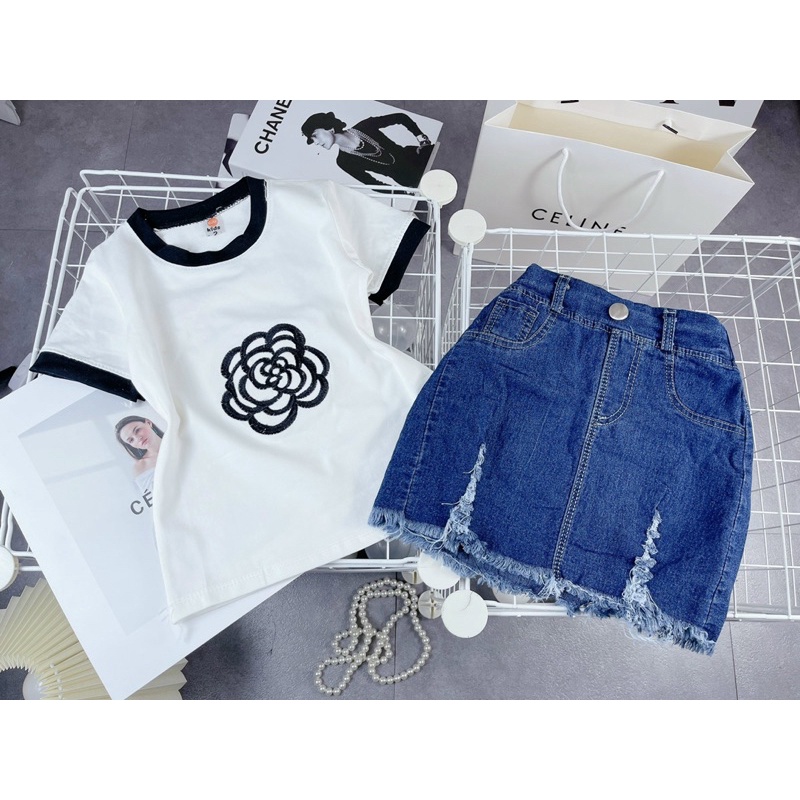 [SET BÉ GÁI] Bộ áo thêu hoa hồng chân váy jean cho bé gái(8-28kg)