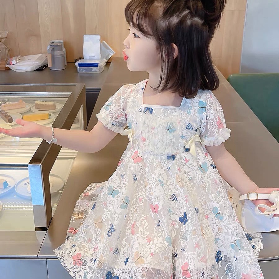 Đầm công chúa tay ngắn phối ren lưới phong cách Hàn Quốc thời trang mùa hè cho bé gái