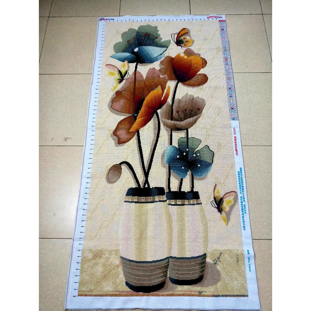 (Thêu kín) Tranh thêu chữ thập bình hoa nghệ thuật Mn0138 (60 x 120 cm). Mn0139 (78 x 150 cm)