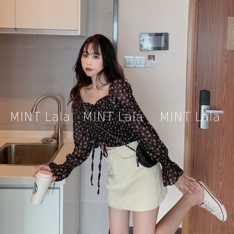 Áo Croptop Dài Tay Hoa Nhí Dây Rút Mặc 2 Kiểu
