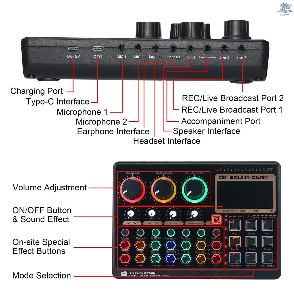 BF X6mini External Live Sound Card Mini Sound Mixer Board for Live Streaming Music Recording Karaoke Singing Color Backlight Buttons with 14 Special Effects BT Connection for Smartphone Laptop PC