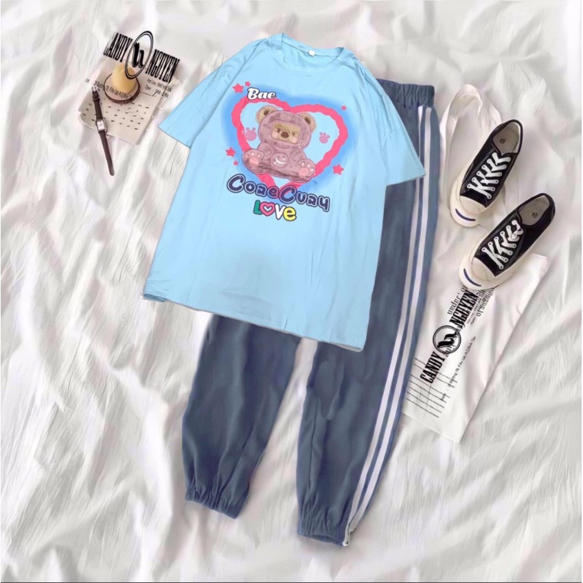 [FREESHIP ĐƠN TỪ 50K] Sét áo phông gấu Bea Love xanh + quần