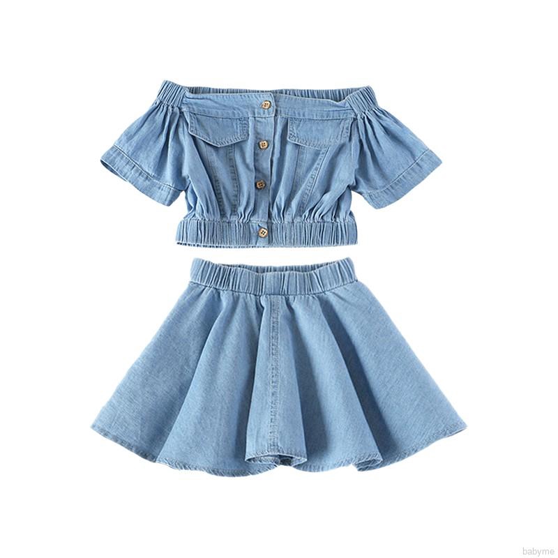 Set Áo Sơ Mi Denim Ngắn Tay + Chân Váy Xòe Dễ Thương Cho Bé Gái