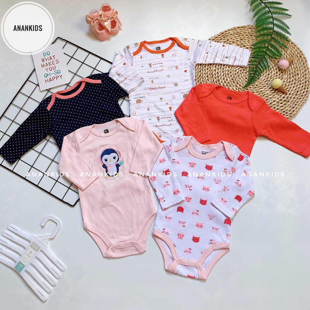 SET 5 Body Chip Bodysuit Tay Dài Cho Bé Trai Bé Gái Siêu Xinh 0-24m Kèm Móc
