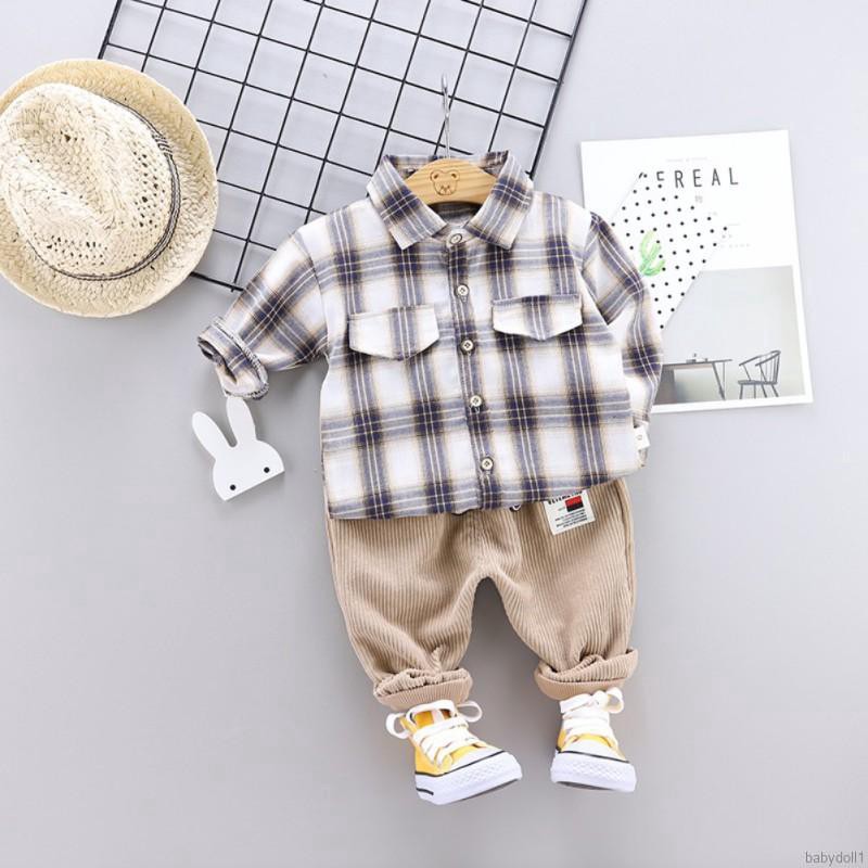 Bộ áo sơ mi dài tay sọc caro + quần dài cho bé trai