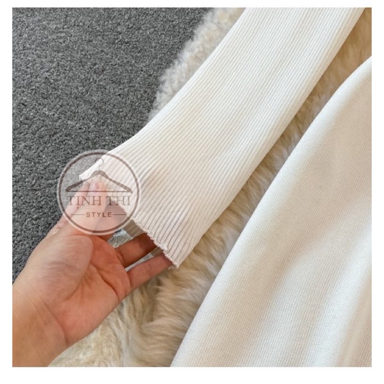 Đầm len body dây chéo cổ yếm dây, set đầm len yếm kèm khoác phối