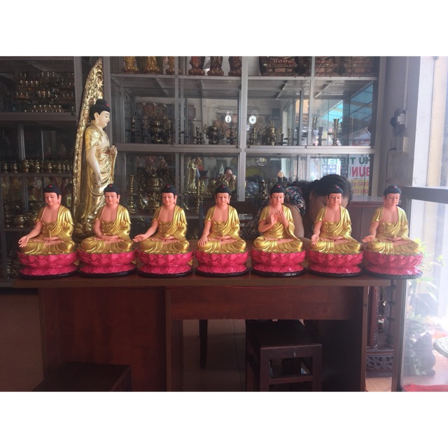 Bộ tượng dược sư vàng đế sen hồng cao 35cm