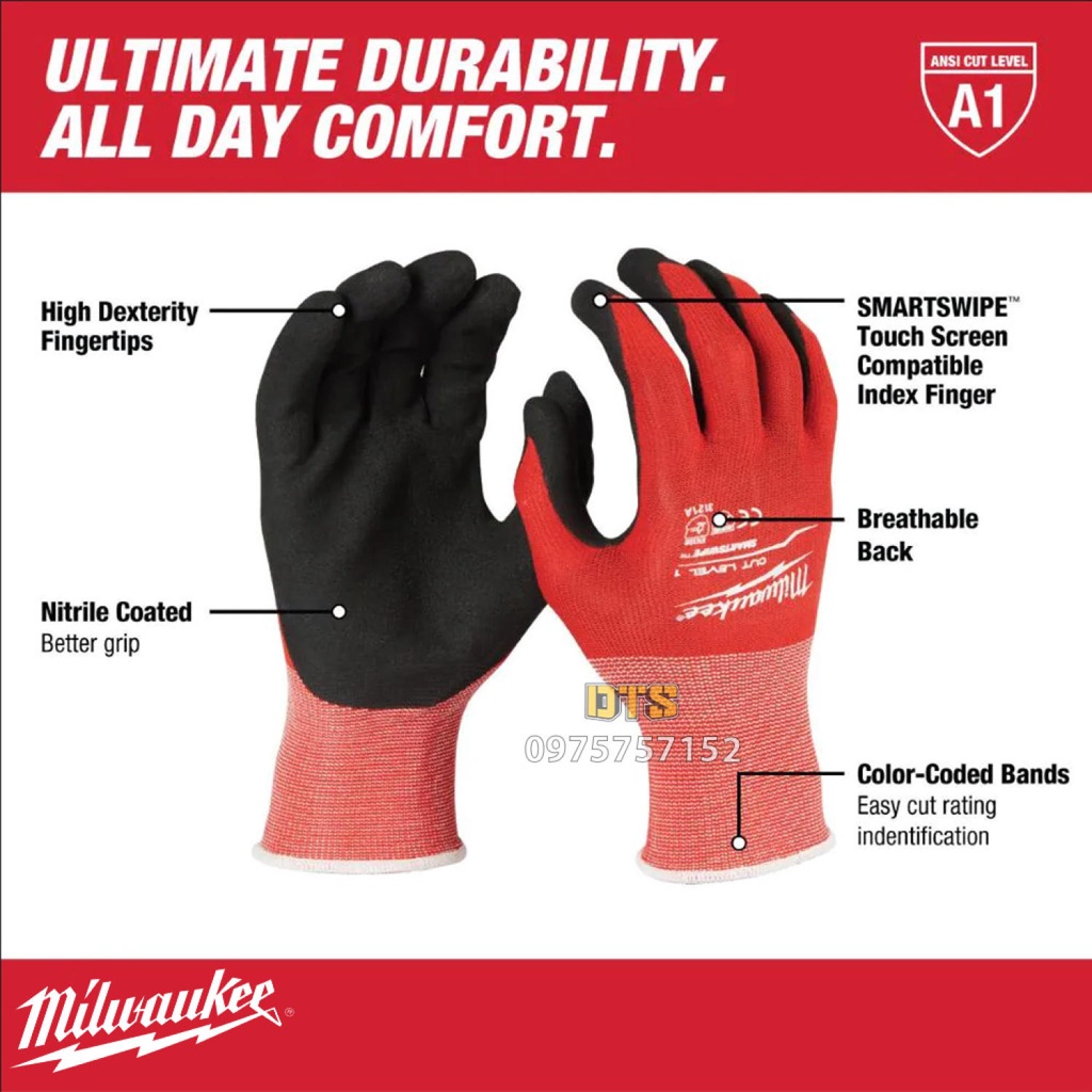 Găng tay chống cắt Milwaukee cấp độ 1 phủ PU Găng chống cắt, chống mài mòn, xé rách đâm xuyên, sử dụng được điện thoại