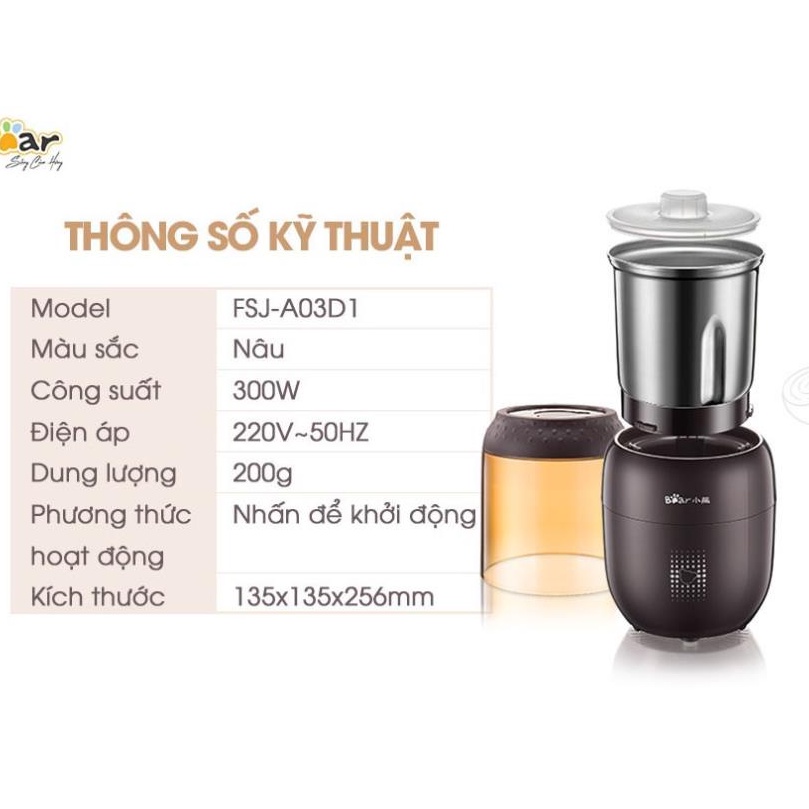 Máy xay bột đa năng Bear FSJ-A03D1S, xay cà phê ngũ cốc 4 lưỡi công suất lớn êm ái thiết kế nhỏ gọn thao tác dễ dàng