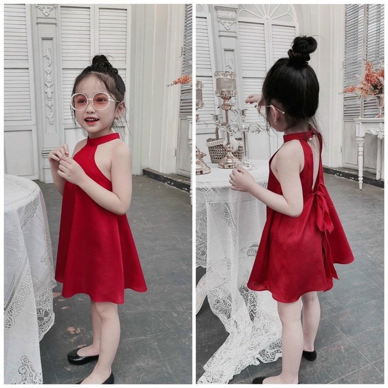 (10-20kg) Váy bé gái, váy lụa cổ yếm sát nách cho bé TTR29