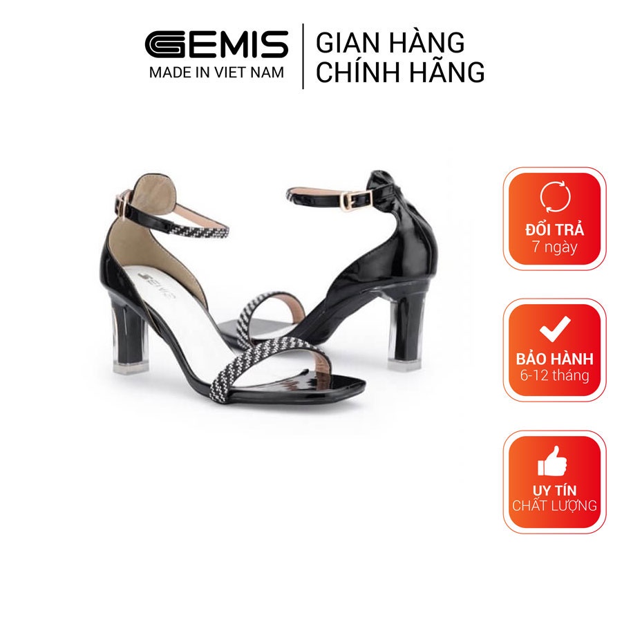 Giày sandal cao gót quai ngang đính đá 7cm GEMIS - GM00264 Đen/Kem