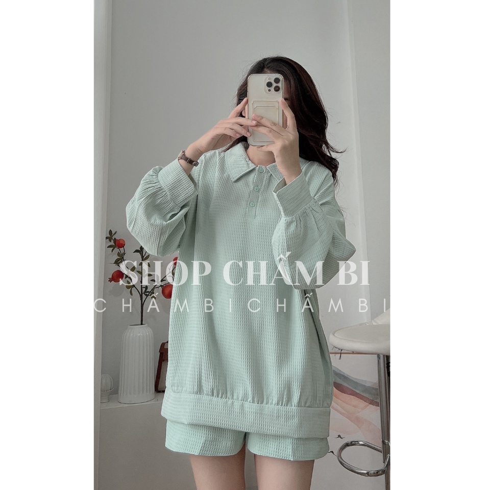 Set polo nữ form rộng S.097, Set áo polo cổ sen tay dài kèm quần short năng động - Thời trang nữ Shop Chấm Bi