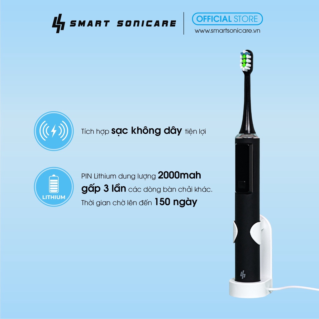 Bàn chải đánh răng điện Việt Nam Smart Sonicare SS-01- ĐEN NHÁM - Công Nghệ Sóng Âm, Chải Sạch Mảng Bám gấp 10 lần