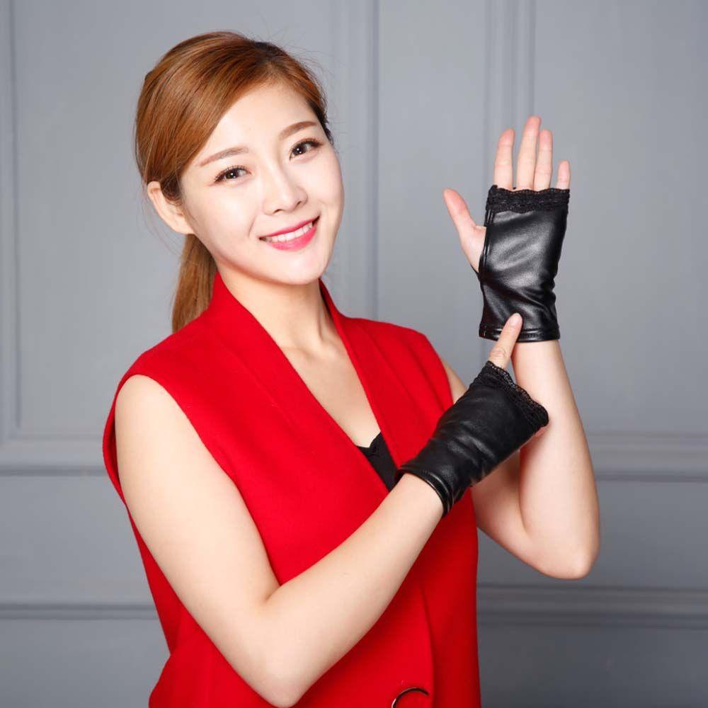 Găng Tay Da PU Phối Ren Chống Trượt Phong Cách Punk Thanh Lịch Cho Nữ