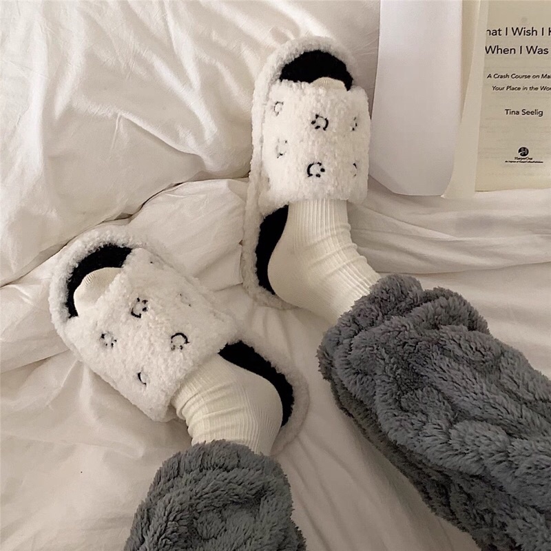 Dép bông hở mũi thêu hình mặt cười đi trong nhà cho cả nam và nữ kèm ảnh thật