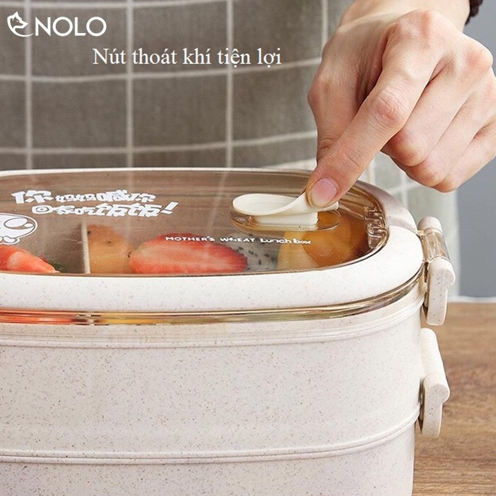 Hộp Đựng Cơm Giữ Nhiệt 2 Tầng Kèm Đũa Muỗng Nĩa Chất Liệu Nhựa PP Lúa Mạch Có Thể Dùng Cho Lò Vi Sóng