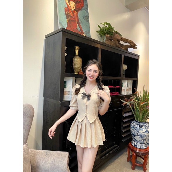 Set bộ áo nơ mix chân váy xoè chất đũi xốp
