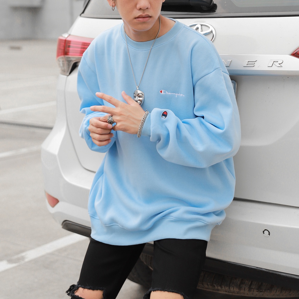 Áo Tay Dài Sweater Champion Chữ Thêu Sắc Nét Có Chất Liệu NỈ Bông Cotton Màu Đỏ