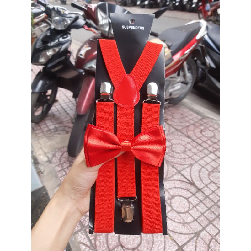 Combo dây đai chữ Y kèm nơ bê quả, Dây đai đỏ + nơ đỏ