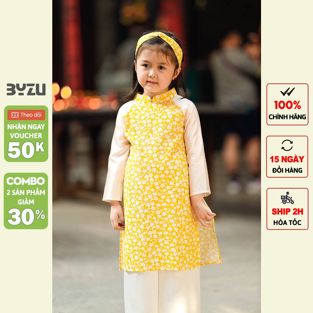 Áo Dài Cho Bé Gái BYZU Áo Dài Cách Tân Hoa Mai Nhí Phối Tay (CHƯA CÓ QUẦN)
