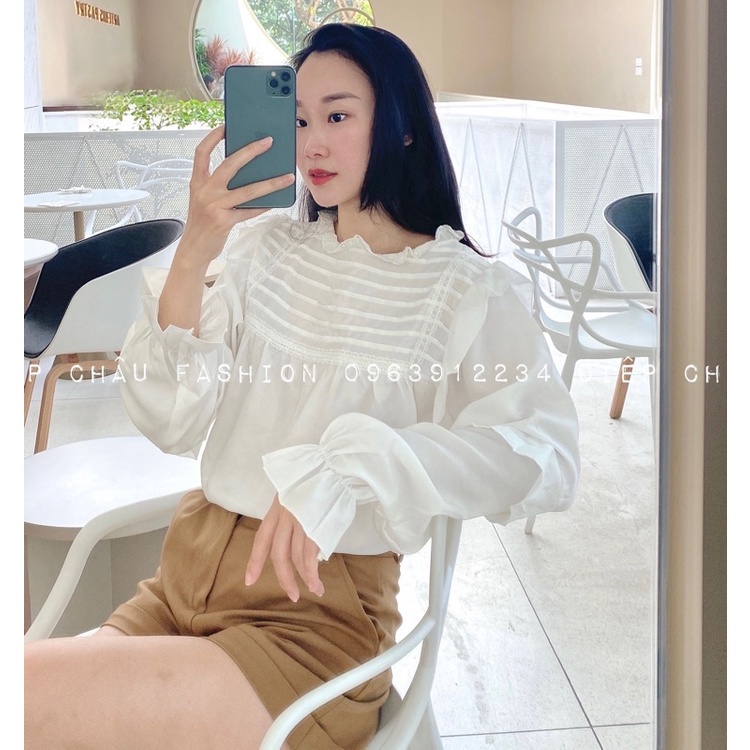 Áo Sơ Mi Trắng Nữ Tay Phồng Tiểu Thư Bánh Bèo Cổ Ren Công Sở Tay Dài Bigsize