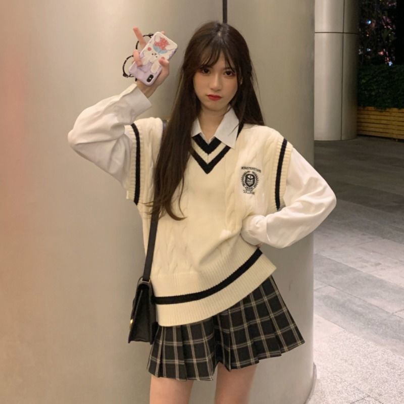 Áo dệt kim không tay cổ chữ V màu trơn phong cách Hàn Quốc thời trang | BigBuy360 - bigbuy360.vn