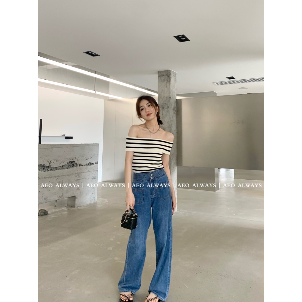 Áo croptop XIAOZHAINV vải dệt kim tay ngắn trễ vai hoạ tiết kẻ sọc thời trang mùa hè quyến rũ