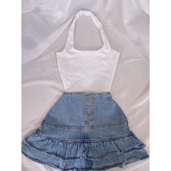 Set áo yếm tròng cổ và chân váy jean tầng phối nút alohashop91