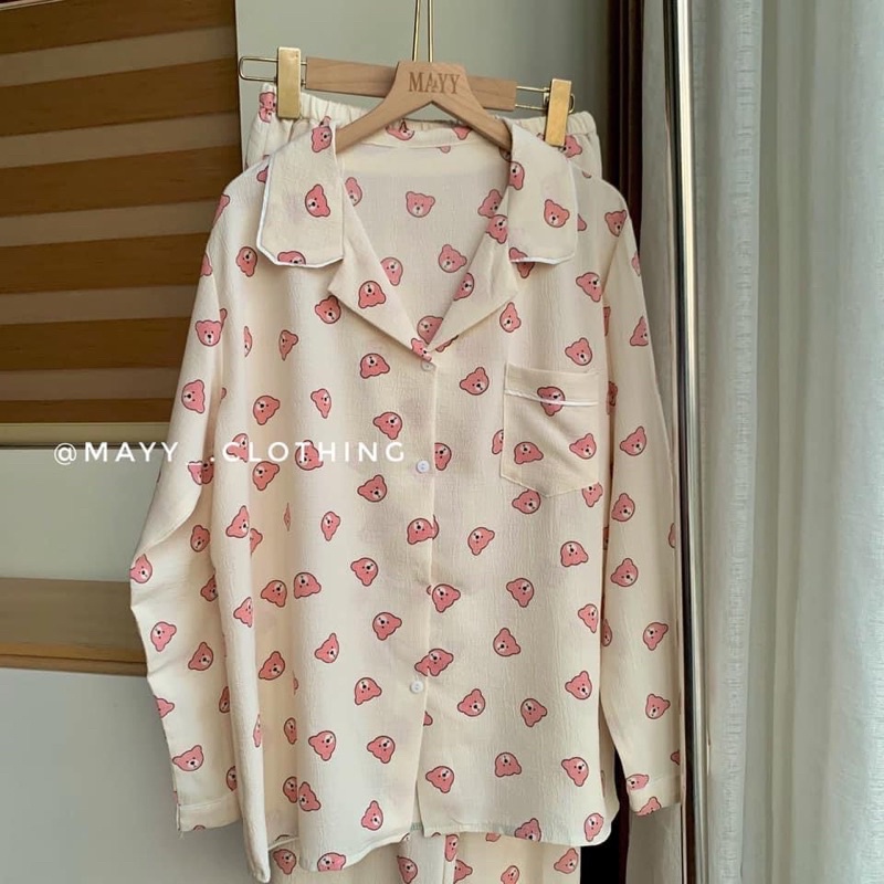 Bộ pijama mặc nhà hoạ tiết hình dễ thương chất đũi xốp áo dài quần dài thu đông