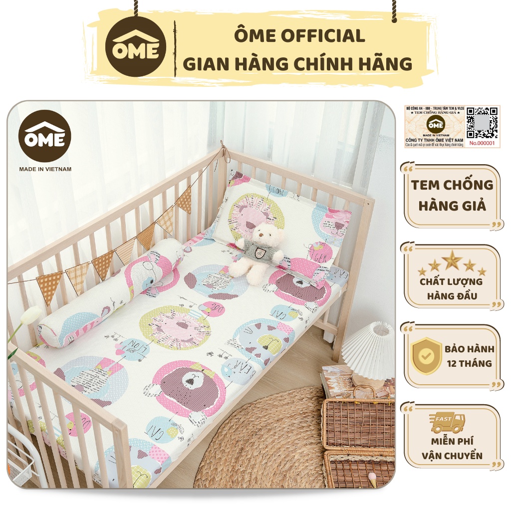 Bộ ga gối bọc đệm cũi Ôme 100% Cotton 3D Hàn Quốc phủ lụa