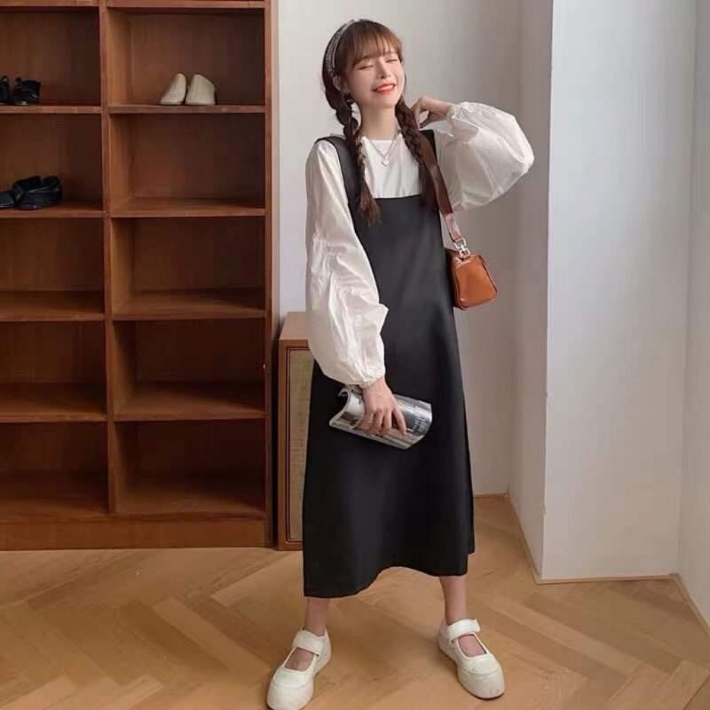 Set Áo Yếm Đen Kaki Áo Sơ Mi Tay Bồng Cho Bạn Nữ Cá Tính Dễ Thương  - Én Mai Boutique | BigBuy360 - bigbuy360.vn