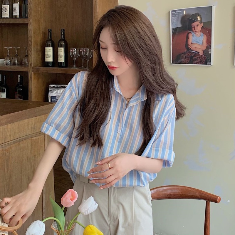 Áo Sơ Mi Tay Ngắn Kẻ Sọc Màu Sắc Tương Phản 185226 Áo Sơ Mi Dáng Rộng Phong Cách Hàn Quốc Cá Tính