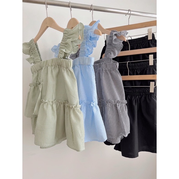 [Ảnh thật/Video] Set babydoll kẻ 058 Mới gồm áo 2s bản to và quần đen xinh xắn