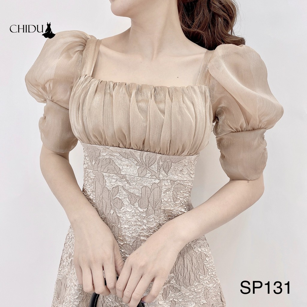 [Mã WARN60 hoàn 15% xu đơn 300k] CHIDU Váy công sở chun ngực tôn dáng, váy xoè gấm pha tơ tay bồng nữ tính SP131 | BigBuy360 - bigbuy360.vn