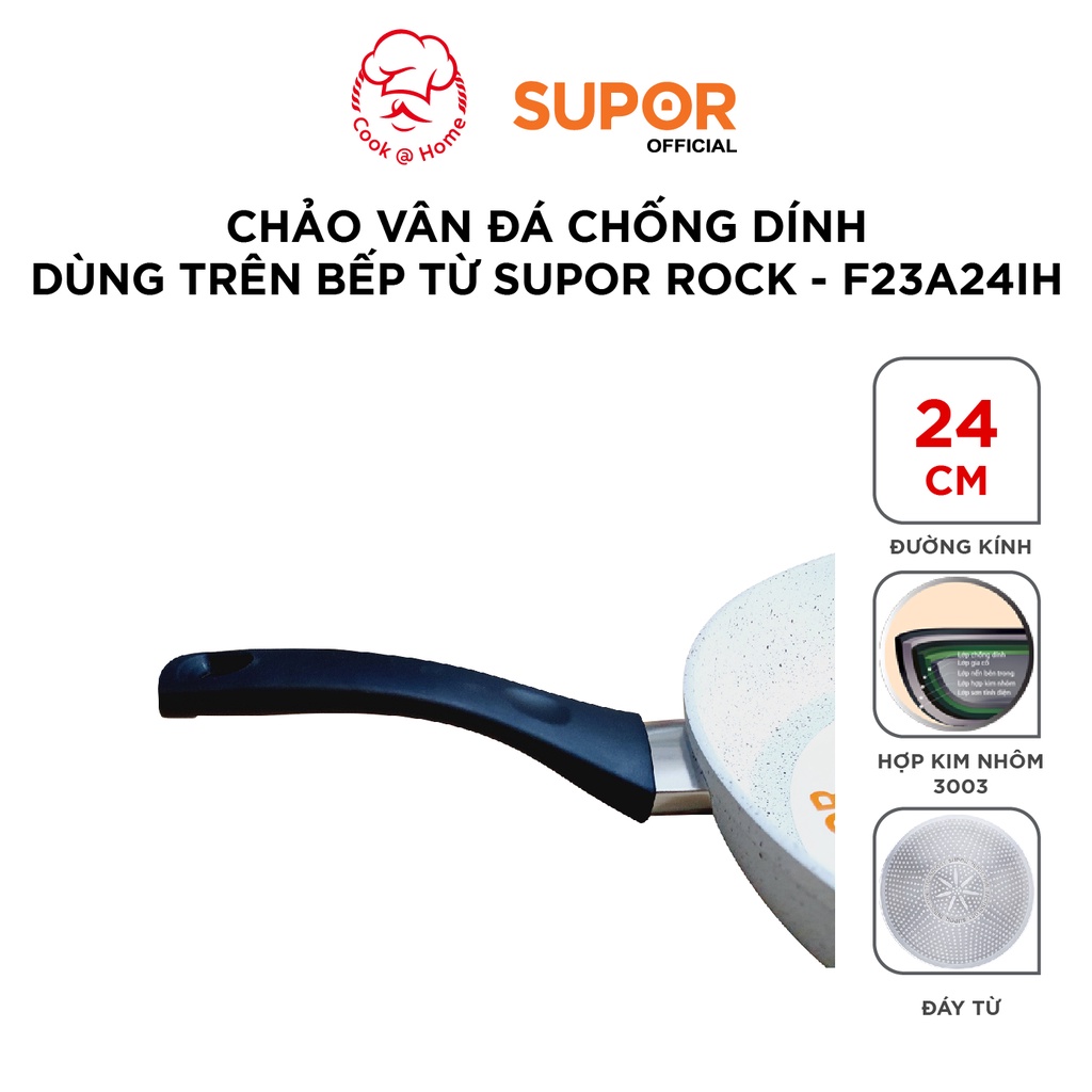 Chảo vân đá chống dính dùng trên bếp từ Supor Rock size 24, 26, 28cm -F23A24IH/F23A26IH/F23A28IH