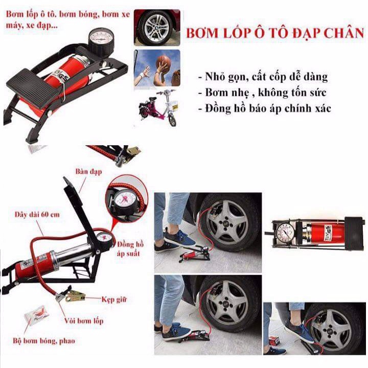 Bơm hơi đạp chân, bơm mini 2 ống có đồng hồ đo áp xuất lốp ôtô xe máy, xe đạp