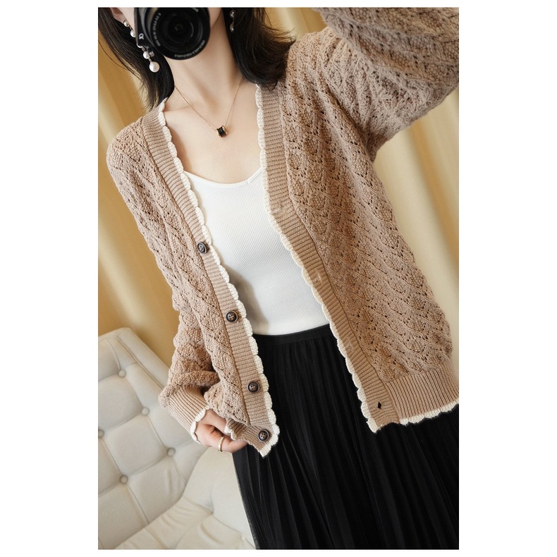 Áo khoác len dáng ngắn, áo cardigan len đóng cúc phối ren mẫu mới thu đông AK02