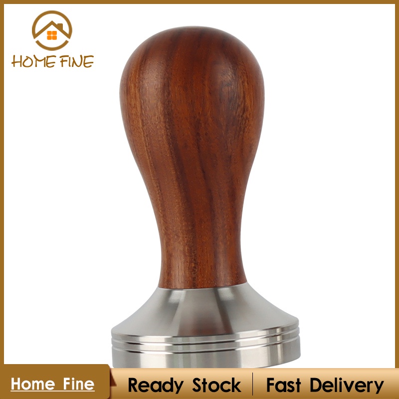 【Home Fine】Stainless Steel Coffee Tamper Barista Espresso Coffee Bean Press Tool w/Wooden Handle Flat Base