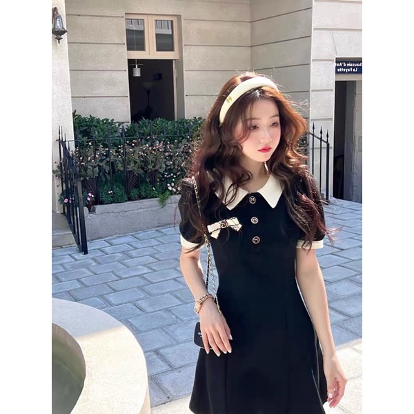 (SẴN) Váy polo ngắn tay cài nơ phong cách retro nữ tính cho bạn gái