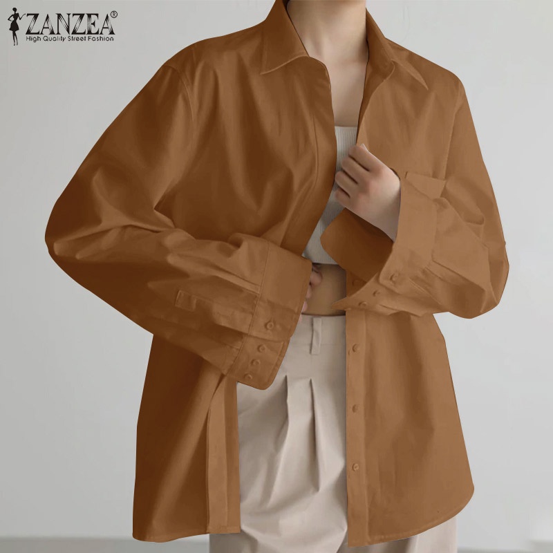 Áo sơ mi ZANZEA tay dài cổ bẻ phong cách Hàn Quốc thời trang cho nữ