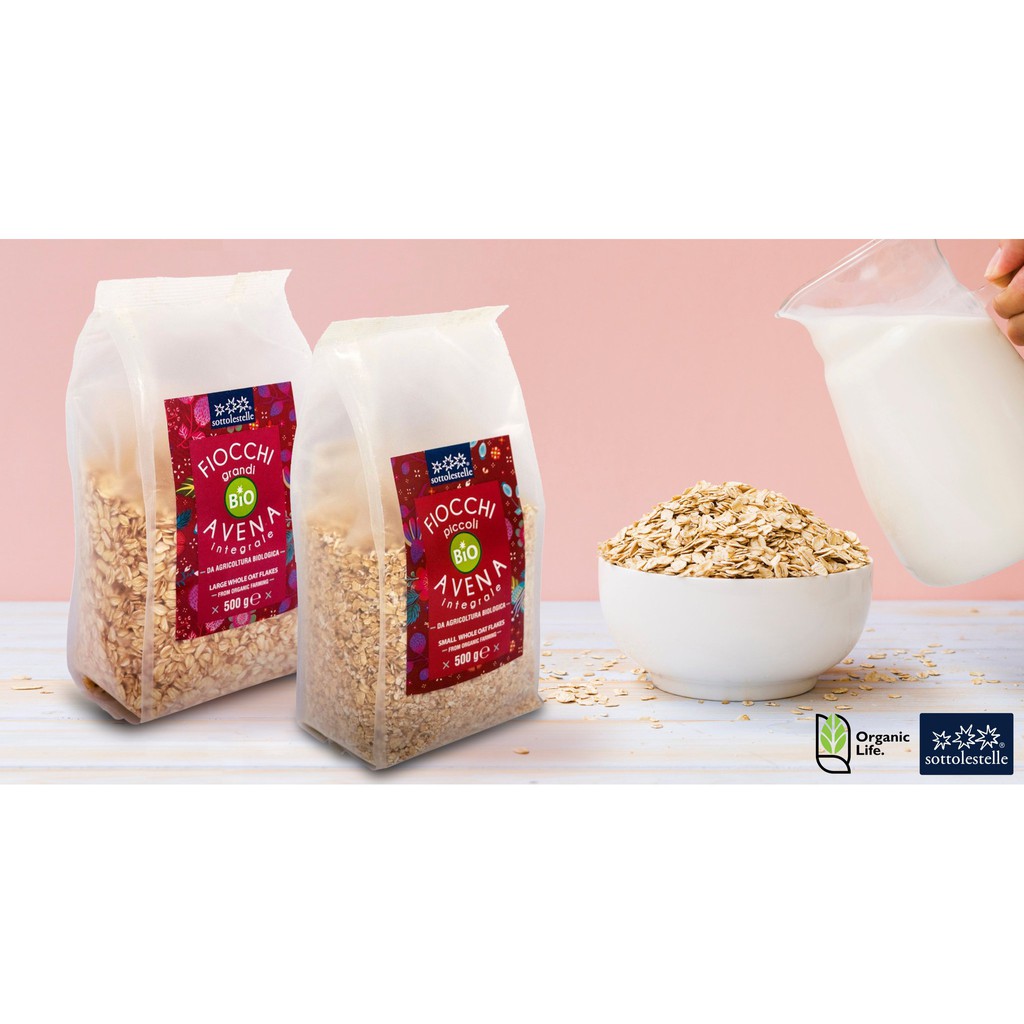 Yến mạch nguyên cám hữu cơ cán lớn/mỏng 500g Sottolestelle Organic Small Whole Oat Flakes