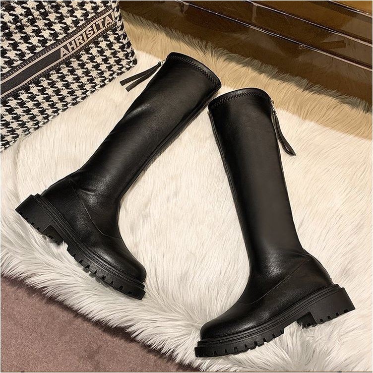 Bốt đùi cao cổ WOMENSTORY lót nỉ giày Boots nữ da PU mềm đế răng cưa 5 cm boot khóa sau thời trang mùa đông 110