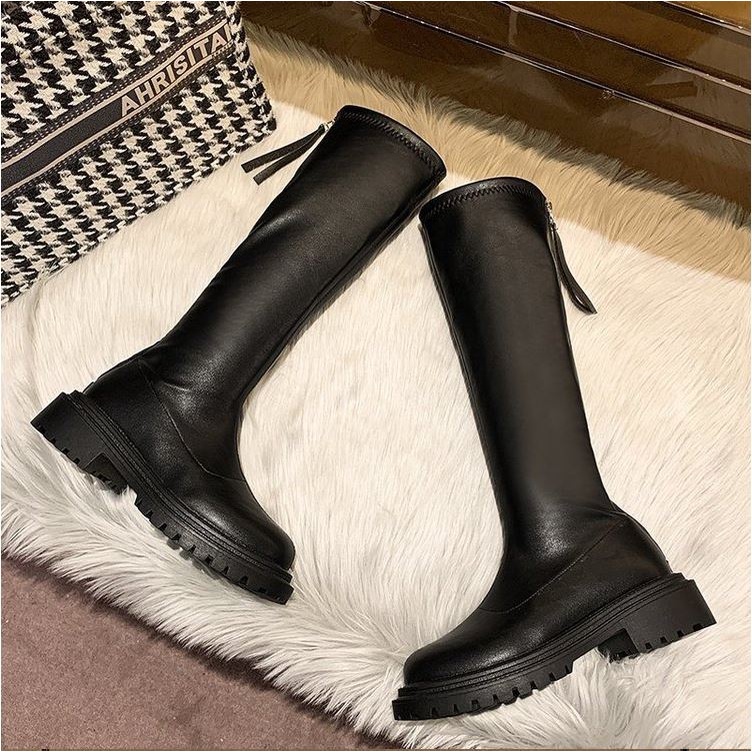 Bốt đùi cao cổ WOMENSTORY lót nỉ giày Boots nữ da PU mềm đế răng cưa 5 cm boot khóa sau thời trang mùa đông MS 110