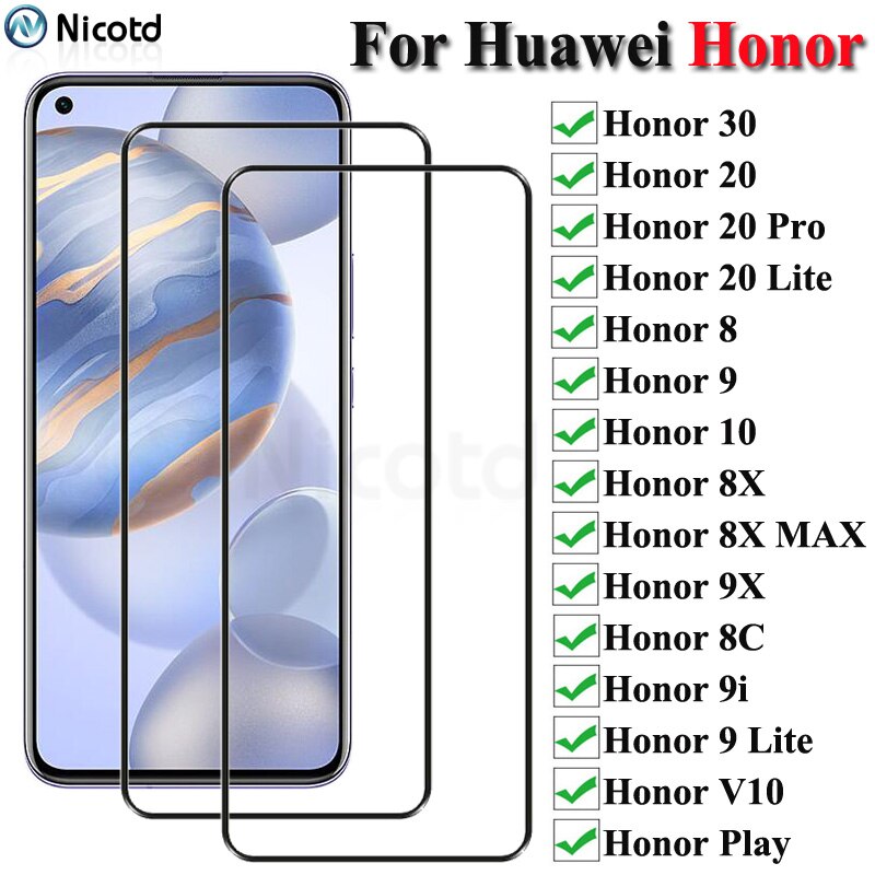 2 miếng bảo vệ Glass Đối với Huawei Honor 30 20 10 9 Lite Pro Tempered Screen Protector On Honor Thuyết minh số 10 8 8C 8X MAX 9X 9i Chơi